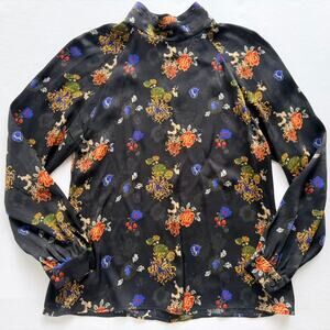 Tucker Black Sheer Floral Blouse High neck Size Small Silk Sheer Button-up Back